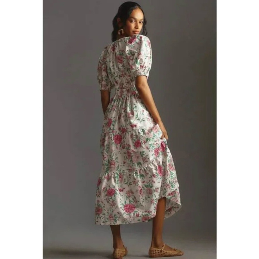 Anthropologie Floral Maxi Dress Pink & White Somerset Dress Large Puff Sleeve - Picture 2 of 5